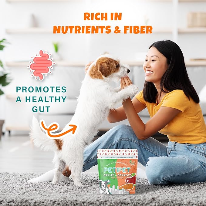 Apples+Carrots Plant-Based Fruit Dog Treats - Carrot and Apple Soft & Chewy - Healthy Vegetarian, Vegan Dog Treats with Organic Ingredients - Low-Protein, Hypoallergenic, Gluten-Free