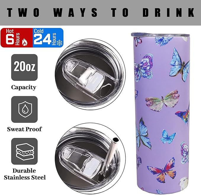 Butterfly Tumbler With Lid and Straw - 20 oz Insulated Purple Stainless Steel Skinny Tumbler Water Bottle Travel Mug Wine Cups Gifts for Women