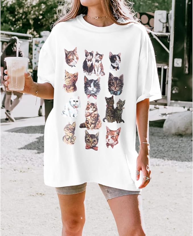 Oversized Cat Shirt Cute Graphic Tees for Women Y2k Funny Tshirts Baggy Aesthetic Shirts Cat Lover Gifts Kawaii Tops