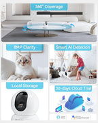 blurams 4K Ultra HD Indoor Cameras for Home Security, 360° PTZ Pet Camera w/One-Touch Call, Night Vision, Free Human/Pet/Motion/Sound/Cry Detection, 5GHz/2.4GHz WiFi6, Work with Alexa