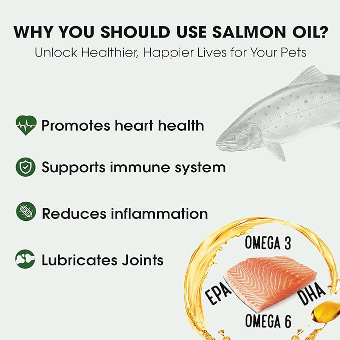 Salmon Oil | Unscented Pharmaceutical Grade | 1118mg of Omega-3 per teaspoon | Liquid Food Supplement For Dogs and Cats | BPA-Free Brushed Aluminum Epoxy coated Bottle with Pump 8.75oz