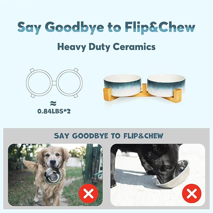 YOBRO Elegant Dog Bowls Set for Small Breeds, Beautiful Ceramic Stone Alike Style, Pet Bowl Set with Wooden Stand, Non-Slip,Modern Food or Water Dishs for Small Size Dogs, Gifts for Dog Owners, Blue