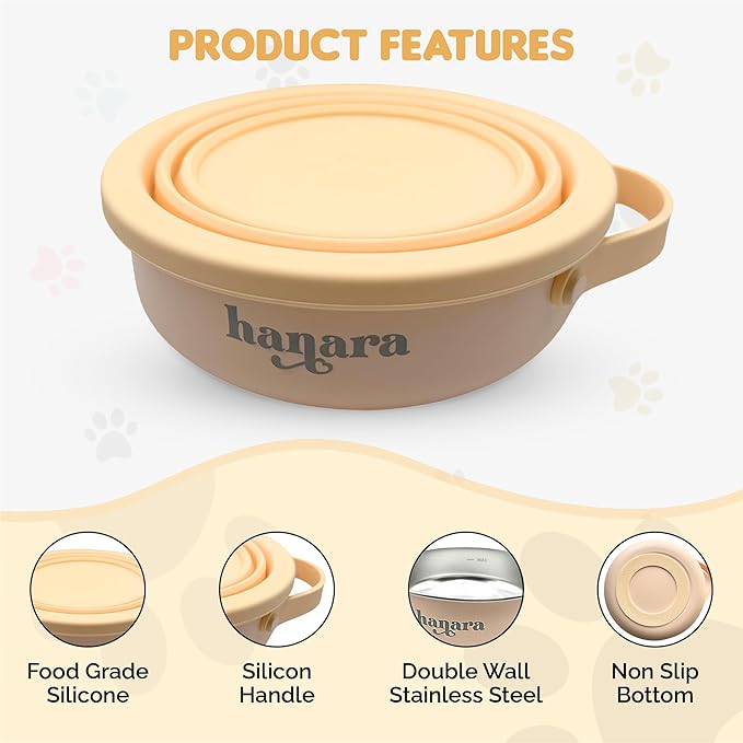 2-in-1 Insulated Dog Bowl with Collapsible Lid & Handle – Stainless Steel, Non-Slip Rubber Base – Portable Pet Water & Food Bowl for Dogs & Cats – 30 OZ + 20 OZ – Indoor & Outdoor (Beige)