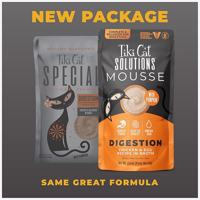 Tiki Cat Solutions Digestion Mousse, Chicken & Egg Recipe in Broth, Formulated to Support Healthy Digestion, Functional Wet Cat Food, 2.4 oz. Pouch (12 Count)