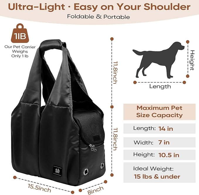 Dog Purse Carrier for Small Dogs, Cats, and Puppies – Soft-Sided Travel Pet Tote Bag with 4 Large Pockets, Foldable, Lightweight, Fits Pets up to 15 lbs, for Travel, Vet, Outings (Black)