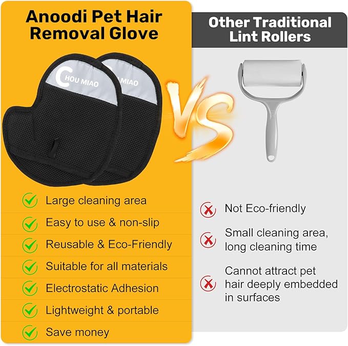 2Pcs Pet Hair Removal Gloves, Reusable Electrostatic Gloves Brush for Dogs Cats Hair Removal Grooming, Pet Hair Remover Tool for Furniture, Clothing, Couch, Carpet, Car Seats
