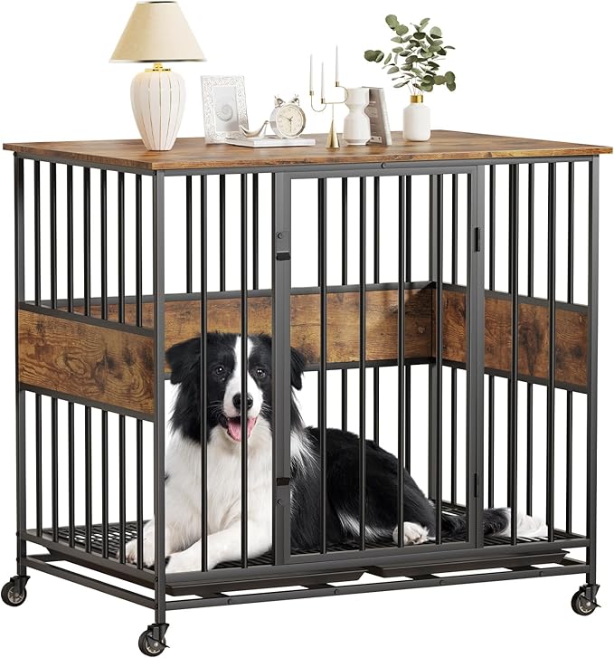 Dog Crate Furniture for Medium Dogs, 38 Inch Indoor Medium Kennel, Wooden Pet Cage Decorative Corner End Table with Caster Wheels & Double Removable Tray, Rustic Brown