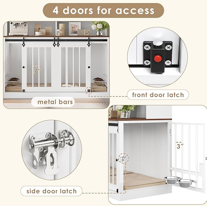 TTVIEW 71"H x 55"L Large Dog Crate Furniture with Hutch Shelf and Glass Door, Indoor Dog Kennel with Divider and Feeding Bowls for Large Dogs 2 Pets, Heavy Duty Dog Cage Pet House with 4 Doors, White