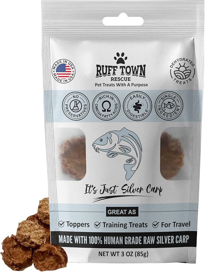 Ruff Town Dog Treats – Human Grade Silver Carp, Dehydrated Single Ingredient | High Protein & Omega Fatty acids for Dogs, Cats | Hypoallergenic, Ideal for All Breeds & Sizes, Made in USA (3 oz)