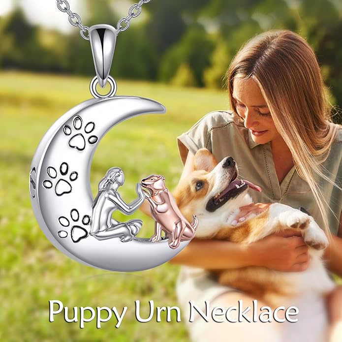 TIGER RIDER Memorial Urn Necklace for Dog Cat Pets Ashes 925 Sterling Silver Dog Paw Pendant Cremation Jewelry Memorial Ash Keepsake for Women (moon and dog)