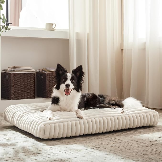 Dog Beds Large Sized Dog, Flat Pet Beds with Removable Washable Cover, Pet Mat Cute Pet Crate Bed Thick Shredded Chopped Crate Foam & Anti Slip Bottom for Indoor, 35"x23"x4" Cream