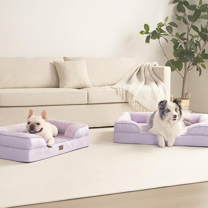 EHEYCIGA Orthopedic Dog Beds for Large Dogs, Waterproof Memory Foam Large Dog Bed with Sides, Non-Slip Bottom and Egg-Crate Foam Pet Couch Bed with Washable Removable Cover, Lilac