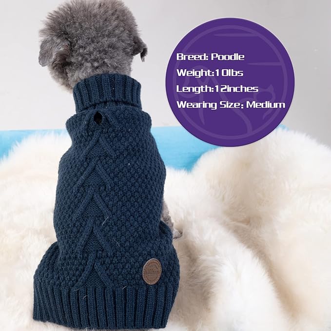 cyeollo Dog Sweaters for Small Dogs Boy, Pullover Turtleneck for Dogs Male, Knitted Doggy Fall Winter Warm Cold Weather Dog Clothes Apparel with Sleeves, Navy L