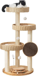 Solid Wood Cat Tree,Modern Cat Tower with Scratching Posts, Hand-Woven Beds & Toys | Heavy-Duty 20lbs Capacity,Indoor Cat Furniture for Big Cats