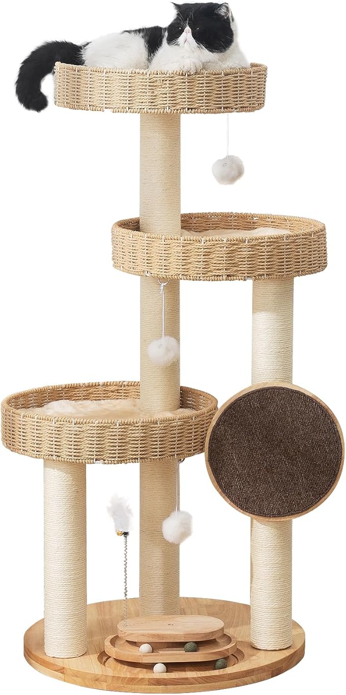 Solid Wood Cat Tree,Modern Cat Tower with Scratching Posts, Hand-Woven Beds & Toys | Heavy-Duty 20lbs Capacity,Indoor Cat Furniture for Big Cats