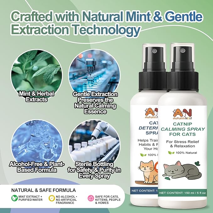 Cat Spray 2-Pack Furniture Saver Kit – 150ml Cat Deterrent Spray + Calming Catnip Spray – Anti-Scratch Training & Stress Relief Solution for Indoor Cats & Kittens