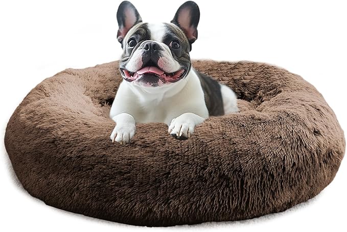 JOLLYVOGUE Calming Dog & Cat Bed for Small Dogs, Anti-Anxiety Donut Cuddler Cozy Soft Round Bed with Anti-Slip Bottom, Fluffy Faux Fur Plush Cushion Beds for Small Medium Dogs (23")
