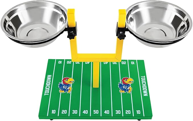 NCAA Kansas Jayhawks Goalpost Football Field Dog Feeder – Adjustable Elevated Dog Bowls with Stand, 2 Stainless Steel Bowls, Non-Slip Rubber Feet, Raised Pet Feeder for Large & Small Dogs