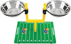 NCAA Kansas Jayhawks Goalpost Football Field Dog Feeder – Adjustable Elevated Dog Bowls with Stand, 2 Stainless Steel Bowls, Non-Slip Rubber Feet, Raised Pet Feeder for Large & Small Dogs