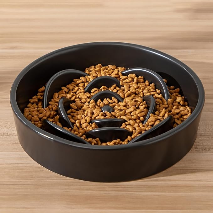 8.25'' Ceramic Slow Feeder Dog Bowls - Petal Shape Modern Dog Food Dish for Medium and Large Breeds, Puzzle Maze Bowl to Slow Down Eating, Anti-Gulping, Dishwasher & Microwave Safe, Black
