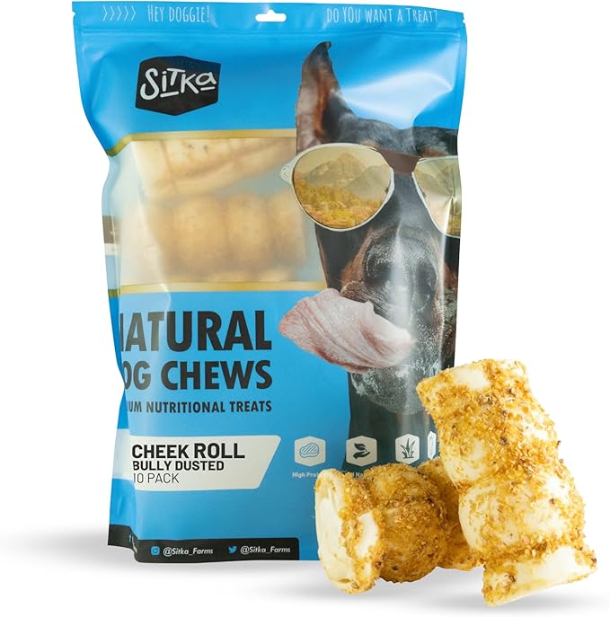 Sitka Farms Beef Cheek ROLL Bully Dusted 5-6 Inch (10 Count) Extra Thick Dog Chew Bones No Rawhide Sourced from Free Range Grass Fed/Healthy Teeth and Gums for Small Medium and Large Dogs