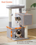 32" Cat Tree Tower for Indoor Cats - 2 Cozy Condos, Multi-Level Cat Scratching Posts with Sisal, Soft Padded Perch, 2 Dangling Toys, Light Grey