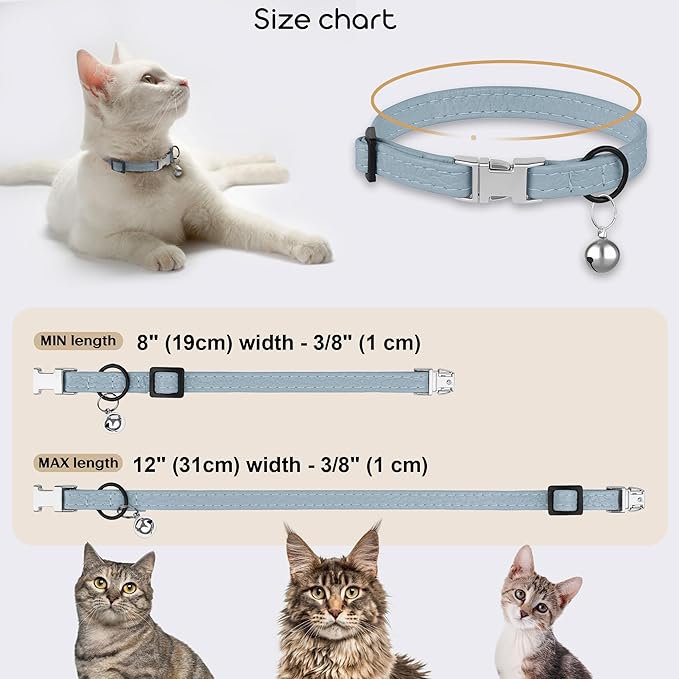 Leather Cat Collar with Buckle and Removable Bell - Non Breakaway Adjustable Soft Safety Small Pet Collars for Girl Boy Cats Kitten (Cornflower)
