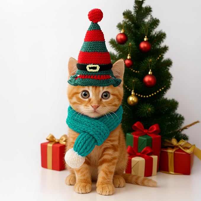 2 Pcs Cat Christmas Costume Cat Santa Hats with Scarf Pet Hat Scarf Set Pet Christmas Outfit Party Costume Supplies for Cats Small Dogs Puppy Accessories(Green,Belt Style)