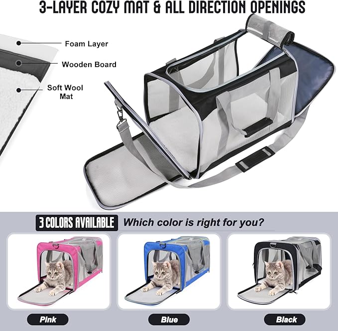 Pet Carrier for Large Cats of 20 Lbs, Collapsible Carrier Bag for Big Cat or 2 Kittens,Soft Sided Puppy Carrier with Sturdy Travel Transport Strap, Adequate Ventilation, 4 Mesh Windows (Black)