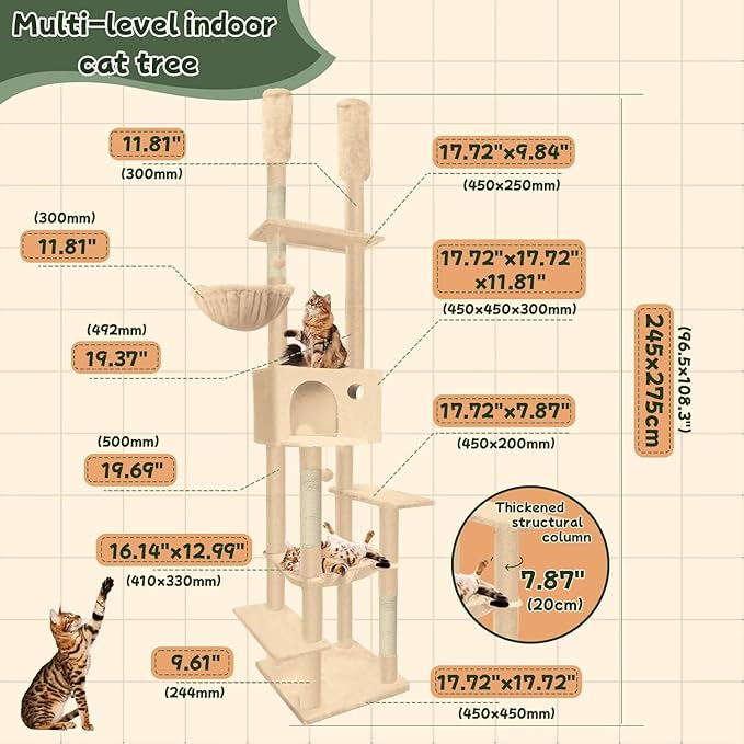 96.5"-108" Cat Tree Floor to Ceiling 7-Tier Cat Tower Adjustable Height with Scratching Posts, Cozy Hammock, Cat Condo for Indoor Cats(Beige)