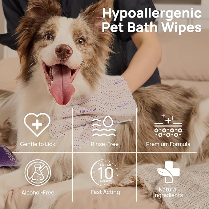 HICC PET Dog Bath Wipes Cleaning Deodorizing, Remove Dirt, Nourish Fur and Eliminate Odors, No Rinse Pet Grooming Glove Wipes for Dogs & Cats, Cleaning Wipes for Daily Care & Traveling