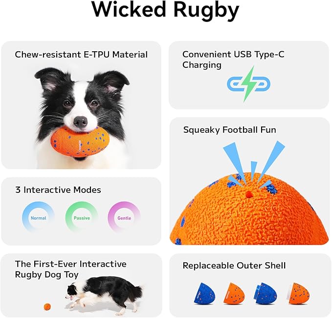 Cheerble Smart Interactive Dog Toy, Wicked Rugby, Squeaky Dog Toy Football, Automatic Moving, Bouncing, and Rotating, E-TPU Material, Bouncing Fetch Toy for Indoor/Outdoor Use and Small to Large Dogs