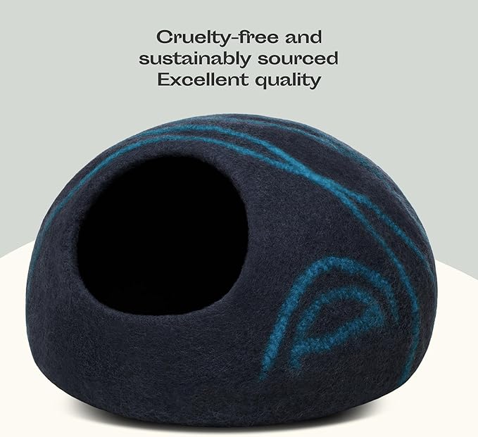MEOWFIA Cat Cave – Premium Felt Cat Bed for Indoor Cats, Handmade 100% Merino Wool (Dark Shades) (Large, Black Aqua)