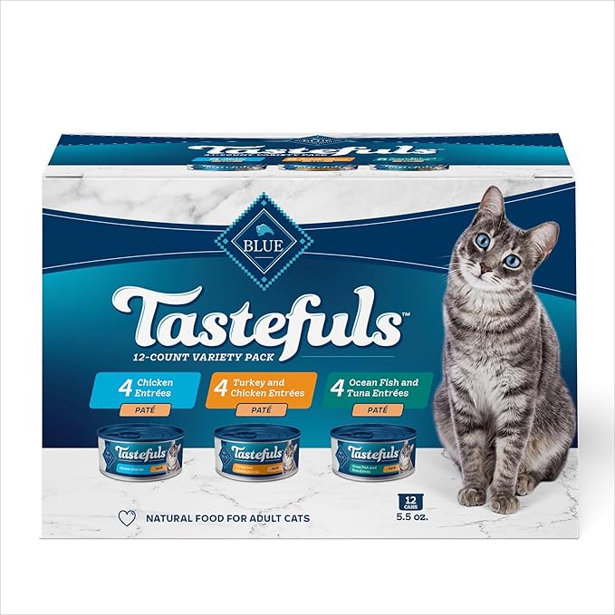 Blue Buffalo Tastefuls Wet Cat Food Paté Variety Pack Chicken Turkey & Chicken Ocean Fish & Tuna, 5.5 oz. Cans (12 Count)