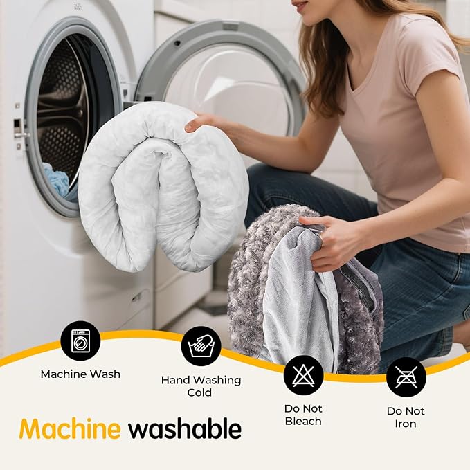 Cave Dog Bed with Blanket Donut Round Plush Cozy Cat Pet Bed for Puppy Machine Washable Removable Cover Cat Anti-Slip Bottom Gray 26X26X8 inch