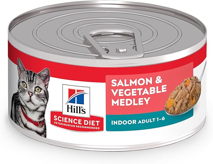 Hill's Science Diet Indoor, Adult 1-6, Easy Litter Box Cleanup, Wet Cat Food, Salmon & Vegetables Stew, 5.5 oz Can, Case of 24