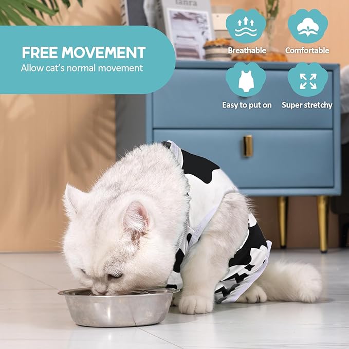 Avont Cat Recovery Suit - Kitten Onesie for Cats After Surgery, Cone of Shame Alternative Surgical Spay Suit for Female Cat, Post-Surgery or Skin Diseases Protection -Cow(S)