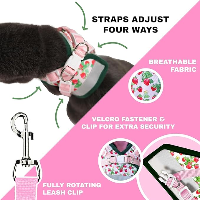 Travel Cat Strawberry Shortcake Harness & Leash Set - Adjustable Fit Mesh Cat Harness with Reflective Strap - Harness for Cats, Kittens for Outdoor (Strawberry Shortcake, X-Small-Kittens Only)