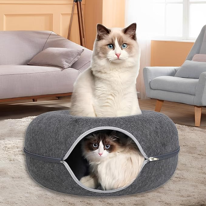 24inch-Tunnel Bed for Indoor,cattasaurus Peekaboo cat cave for Multiple,Detachable Felt Felt Washable Interior for Indoor Cats,Donut Tunnel (Light Gray)