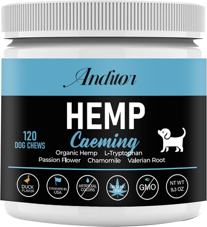 Calming Treats for Dogs with Organic Hemp Oil, Tryptophan, Chamomile, Passion Flower & Valerian - Stress & Anxiety Relief for Separation, Travel, Fireworks, Storms and Barking - 120 Soft Chews..