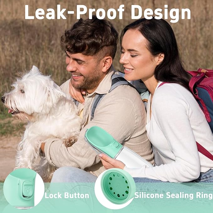 Portable Dog Water Bottle with Bowl, Leak Proof, Convenient for Walking, Hiking, Camping (Green, 12oz)