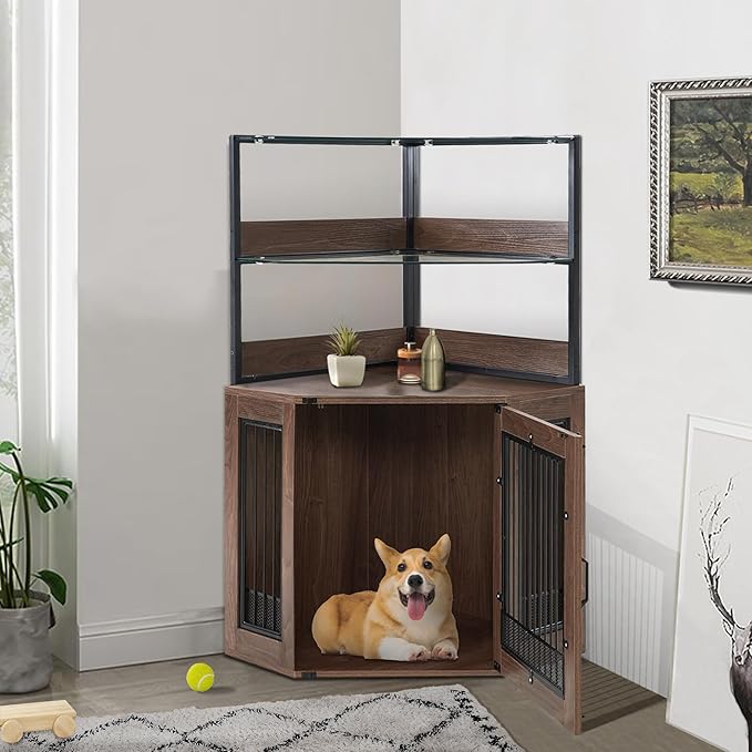 MCombo Small Corner Dog Crate Furniture with Glass Shelves, Wooden Dog Kennel Furniture with Door, Pet Crate Indoor Use, CN17 (Brown)