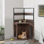 MCombo Small Corner Dog Crate Furniture with Glass Shelves, Wooden Dog Kennel Furniture with Door, Pet Crate Indoor Use, CN17 (Brown)