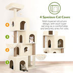 Globlazer Large Cat Tree Condos for Indoor Cats Large Adult, 70inch Tall Cat Tree Condo Tower with 4 Spacious Cat Condo Houses, 3 Sisal Scratching Posts, 2 Adjustable Hanging Baskets, F70C, Beige