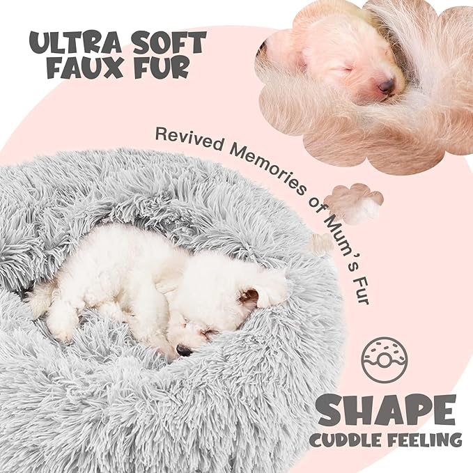 Himax Dog Beds for Small Dogs, Donut Dogs Bed with Blanket Attached, Calming Dog Bed Washable (20"/26"/35") Light Grey for Puppy