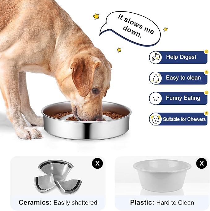 Stainless Steel Non Slip Slow Feeder Dog Bowl, 4 Cup Metal Dog Food Bowl for Medium and Large Dogs, Slows Down Fast Eating Pets, Fun Bloat Stop Pet Bowl