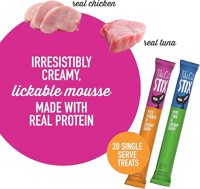 Tiki Cat Stix Mousse Treats, Single Serve Indulgent Lickable Treat or Dry Food Topper, Variety Pack, 0.5 oz. Servings (20 Count)