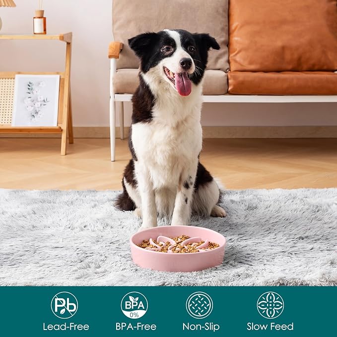 vancasso Ceramic Slow Feeder Dog Bowls, Puzzle Dog Food Bowls with Floral Maze, Anti -Slip Pet Food Dish for Large Breed, 3 Cups, Pink