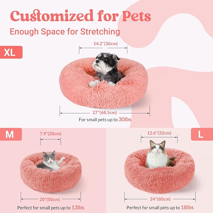 rabbitgoo Calming Dog Bed for Small Medium Dog, 27 inches Pet Bed Machine Washable, Non-Slip Round Fluffy Plush Faux Fur Dog Bed, Soft Donut Cuddler Cushion for Small Dog, Pink