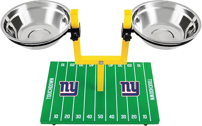 NFL New York Giants Goalpost Football Field Dog Feeder – Adjustable Elevated Dog Bowls with Stand, 2 Stainless Steel Bowls, Non-Slip Rubber Feet, Raised Pet Feeder for Large & Small Dogs, Cats.